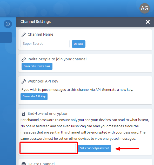 pushstaq set channel password for secure communication