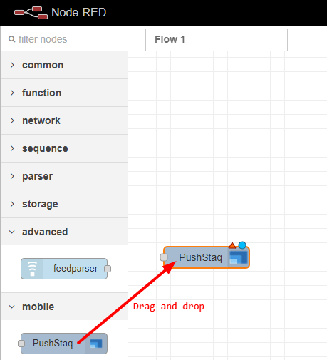 pushstaq node-red drag node to flow