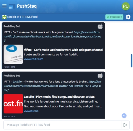 Reddit IFTTT subreddit RSS Feed with PushStaq Screenshot